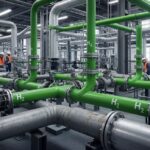 Industrial facility undergoing a green energy retrofit with new hydrogen-ready piping infrastructure and renewable energy integration.