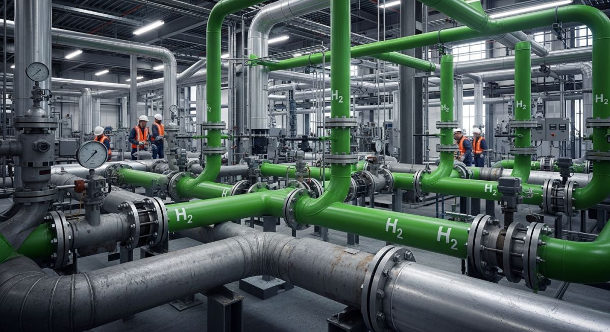 Industrial facility undergoing a green energy retrofit with new hydrogen-ready piping infrastructure and renewable energy integration.