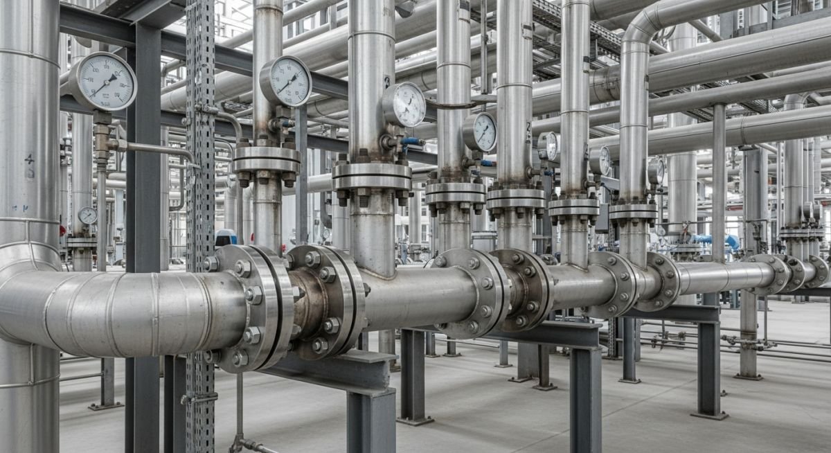 Industrial refinery piping manifold showing high-pressure steel pipes and flanges, representing compliance with international piping codes and standards.