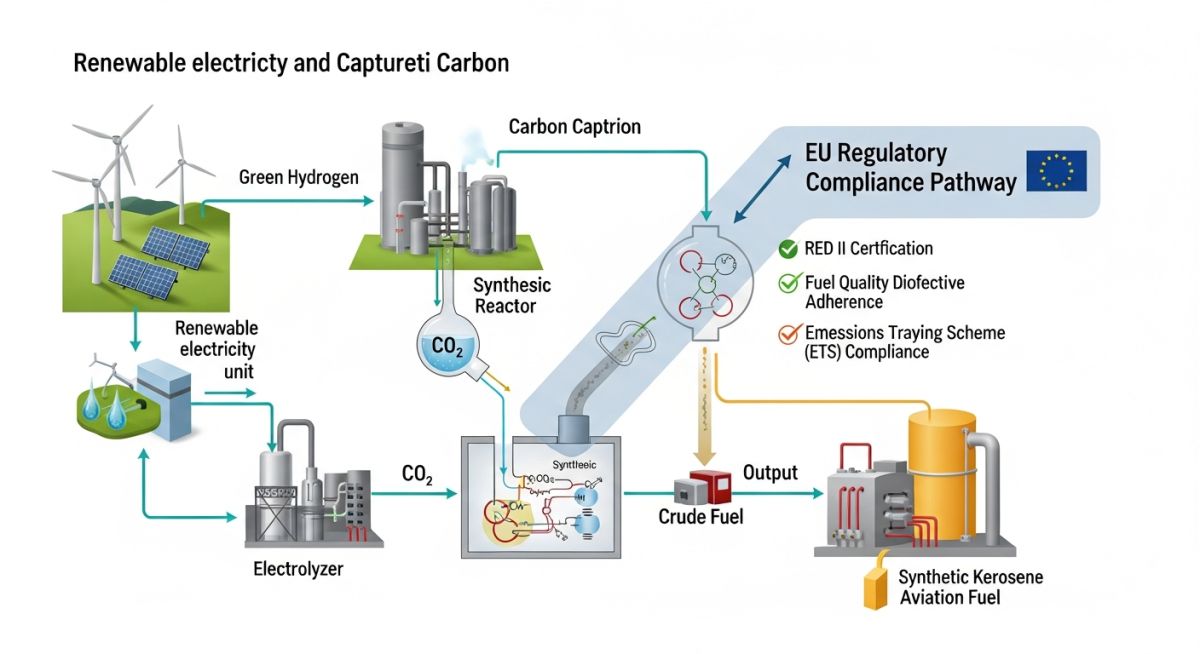 Technical diagram of the RFNBO-based sustainable aviation fuel production process for ReFuelEU Aviation compliance.