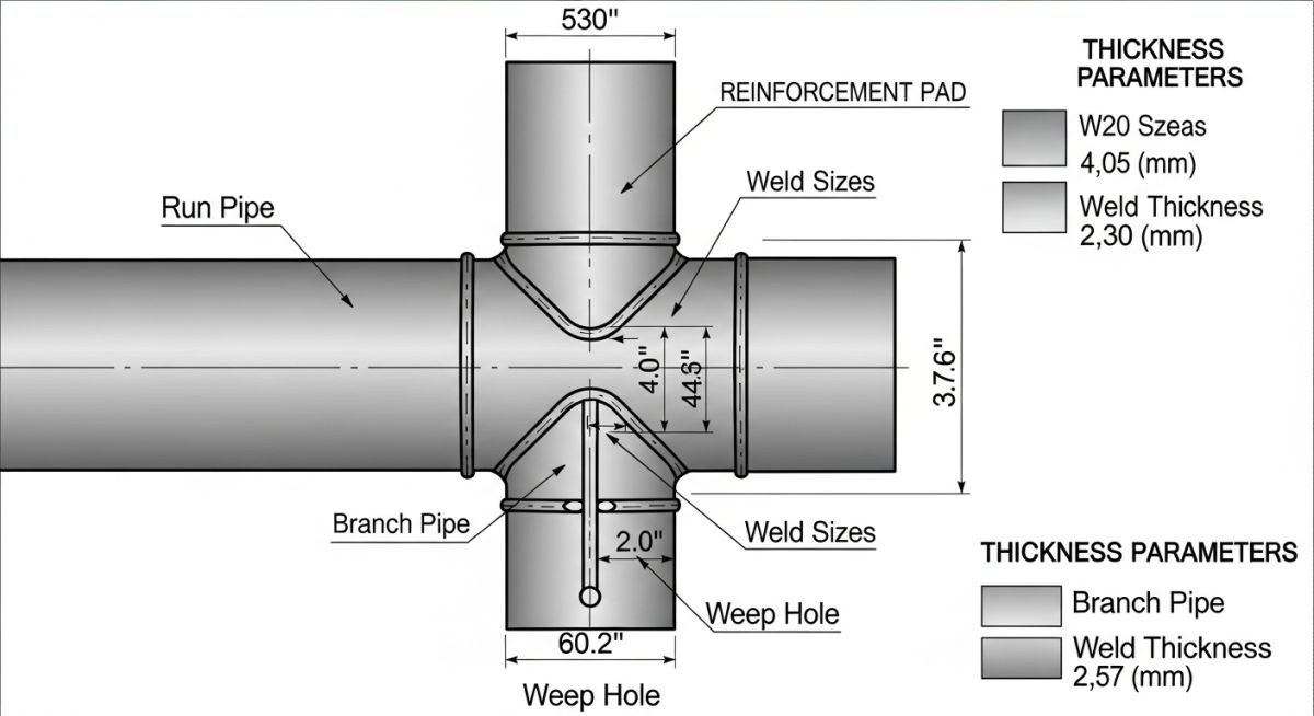 Reinforcement pad cross section technical diagram showing weld details and weep hole