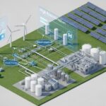Industrial electrolyzer plant connected to wind and solar farms for renewable electricity procurement in hydrogen production.