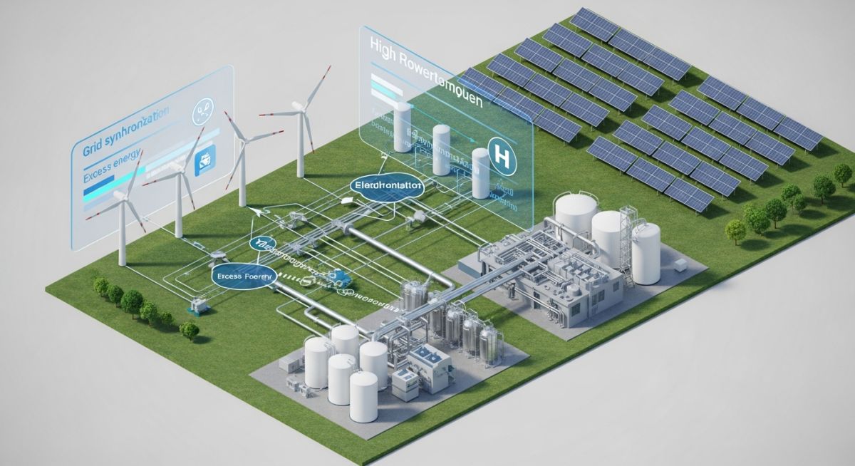 Industrial electrolyzer plant connected to wind and solar farms for renewable electricity procurement in hydrogen production.
