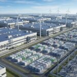 Modern data centre facility integrated with solar panels, wind turbines, and battery storage systems for sustainable power management.