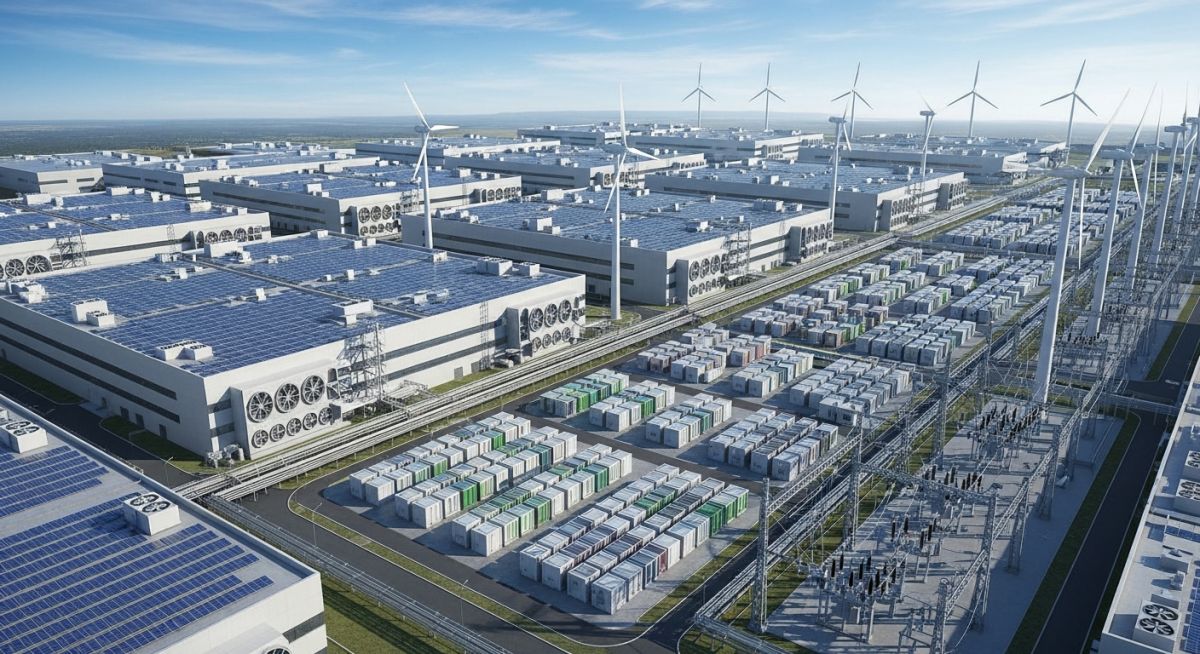 Modern data centre facility integrated with solar panels, wind turbines, and battery storage systems for sustainable power management.