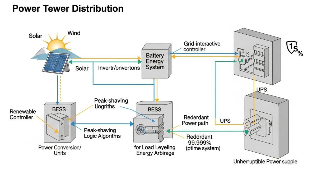 Technical schematic of renewable energy integration for data centres.