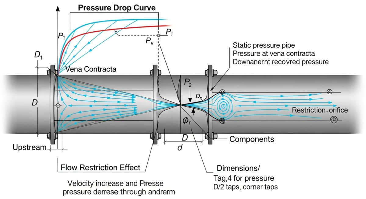 Technical diagram showing pressure and velocity profiles across a restriction orifice