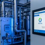 Industrial electrolyzer plant integrated with renewable energy sources for RFNBO certification compliance.