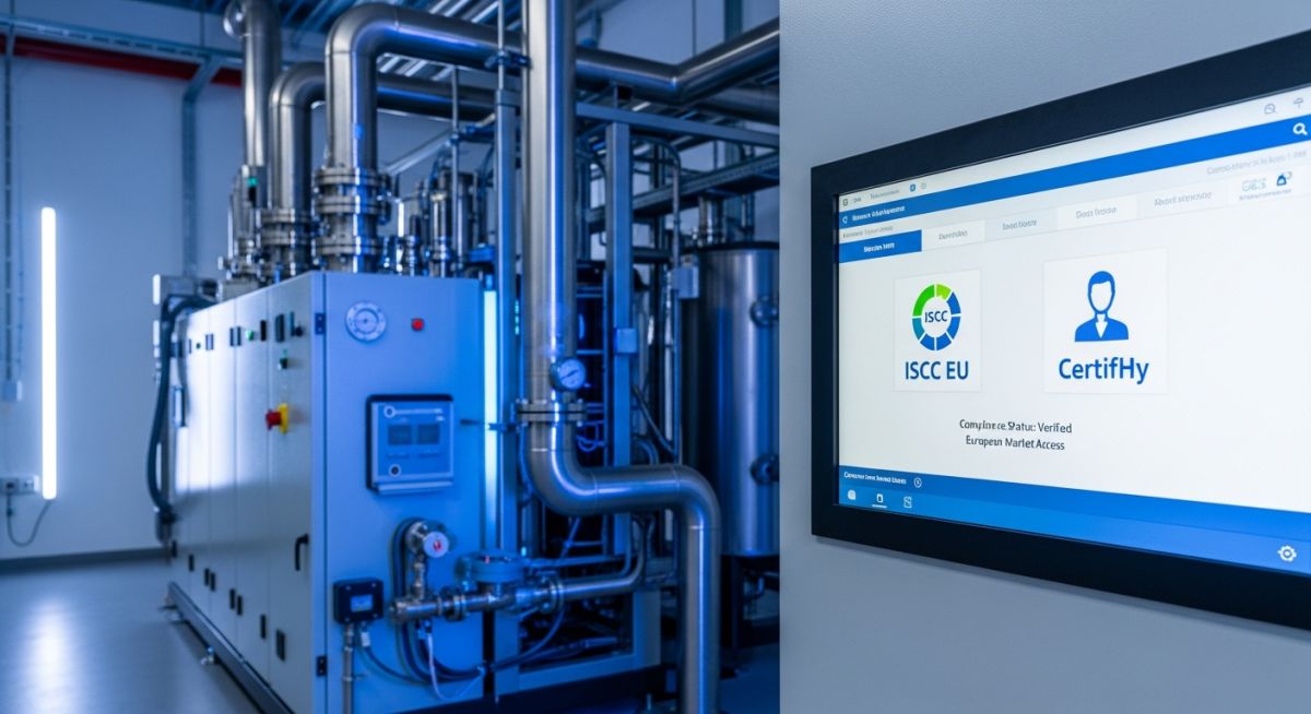 Industrial electrolyzer plant integrated with renewable energy sources for RFNBO certification compliance.