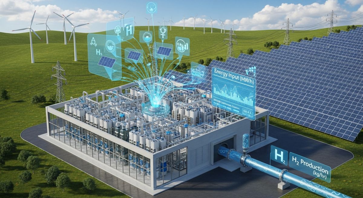 Isometric diagram of a green hydrogen plant showing wind and solar energy inputs feeding into an electrolyzer for RFNBO compliance tracking.