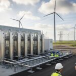Modern green hydrogen electrolyzer plant connected to a wind farm for RFNBO compliance verification.