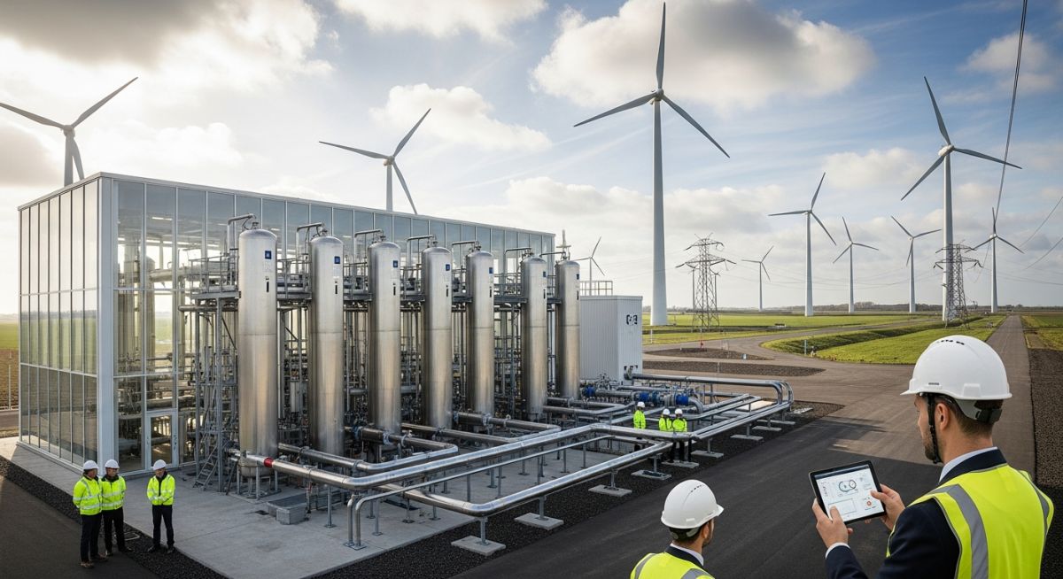Modern green hydrogen electrolyzer plant connected to a wind farm for RFNBO compliance verification.