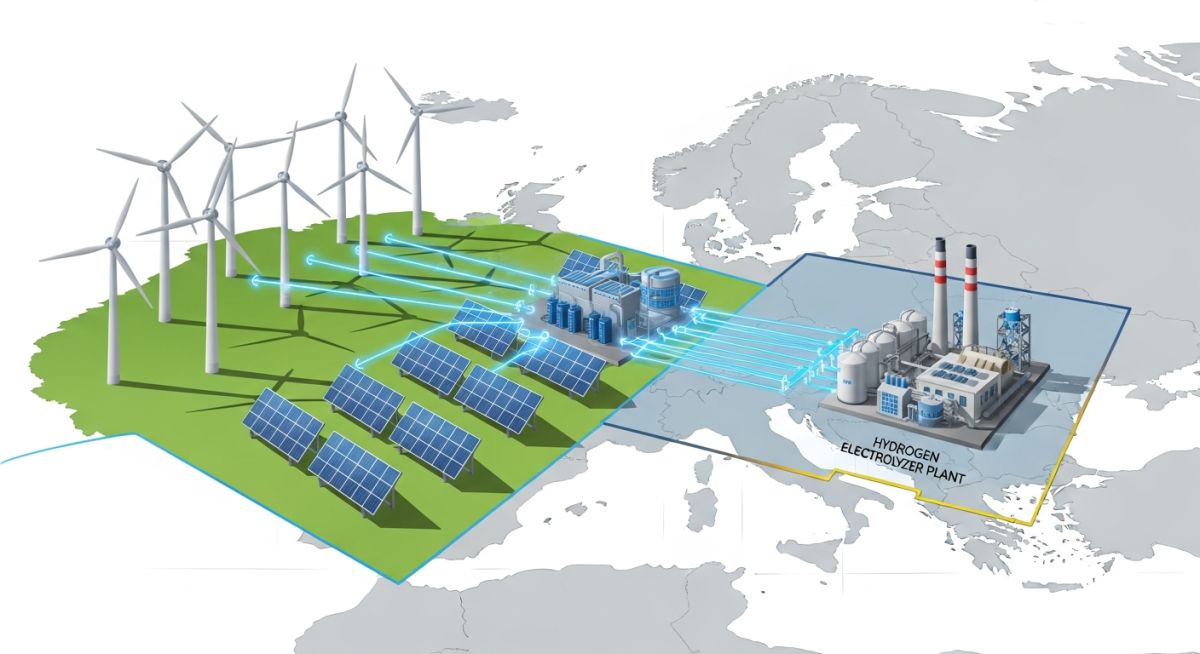 Conceptual diagram of renewable energy assets and a hydrogen electrolyzer within the same EU bidding zone boundary.