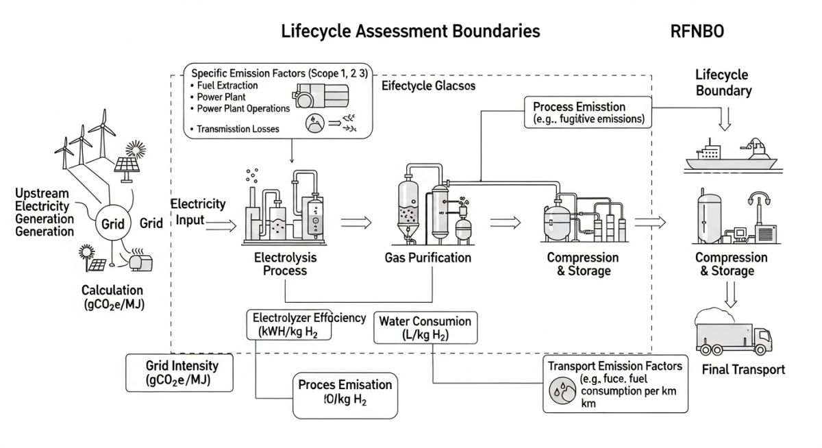 Technical infographic showing the GHG calculation boundary for RFNBO hydrogen production
