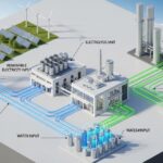 Isometric 3D diagram of a green hydrogen production plant showing electrolysis and renewable energy integration for RFNBO GHG accounting.