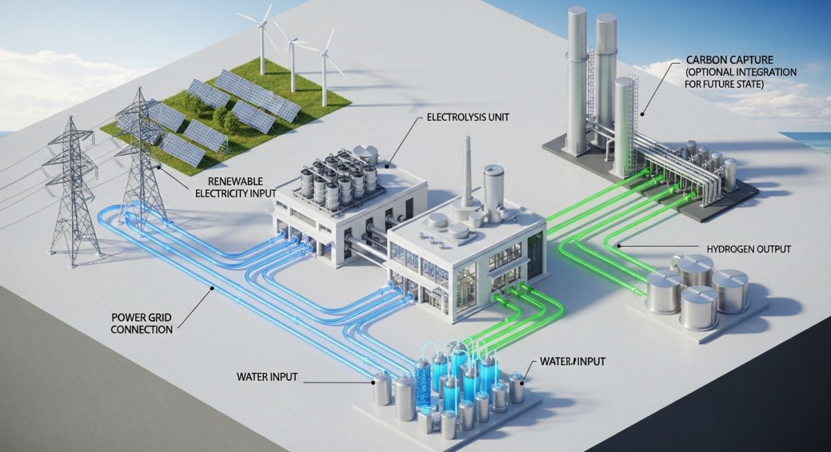 Isometric 3D diagram of a green hydrogen production plant showing electrolysis and renewable energy integration for RFNBO GHG accounting.