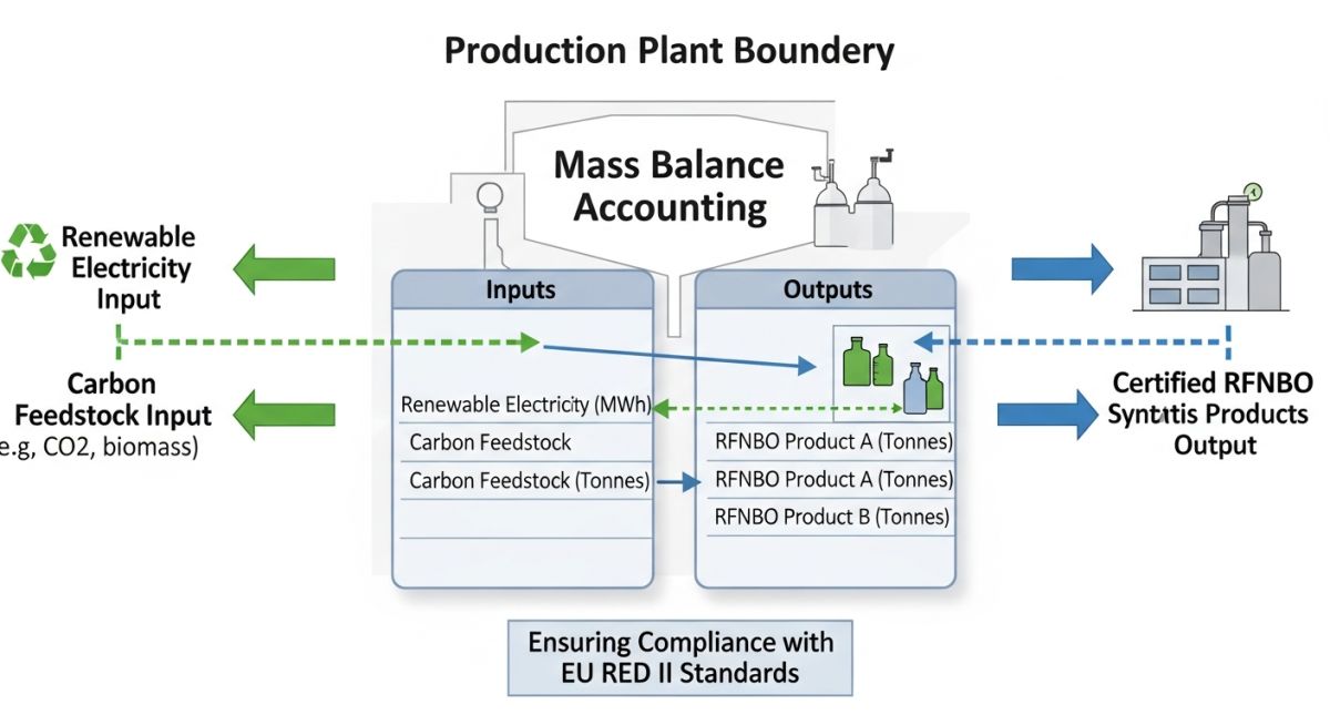 Technical diagram of a mass balance accounting system for RFNBO production facilities under EU renewable energy directives.
