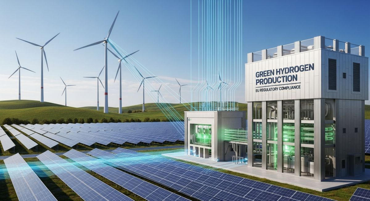 Industrial schematic showing renewable electricity integration into an RFNBO hydrogen production facility for regulatory compliance.