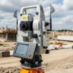 A robotic total station mounted on a tripod at a construction site for topographical surveying.