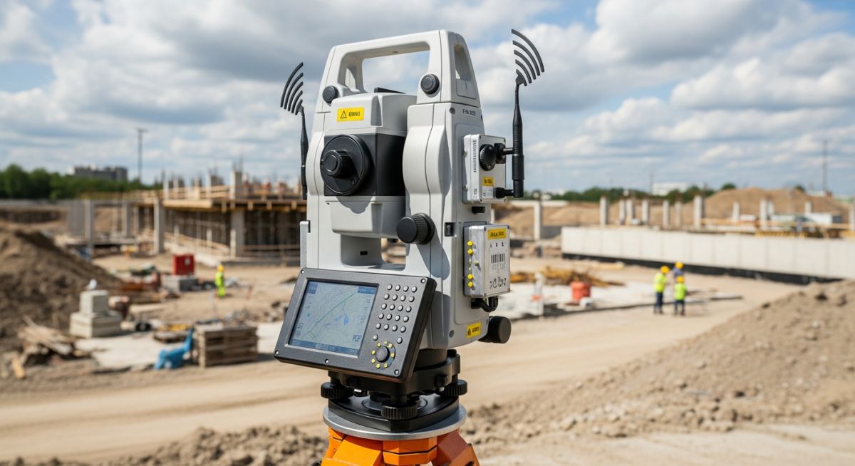 A robotic total station mounted on a tripod at a construction site for topographical surveying.