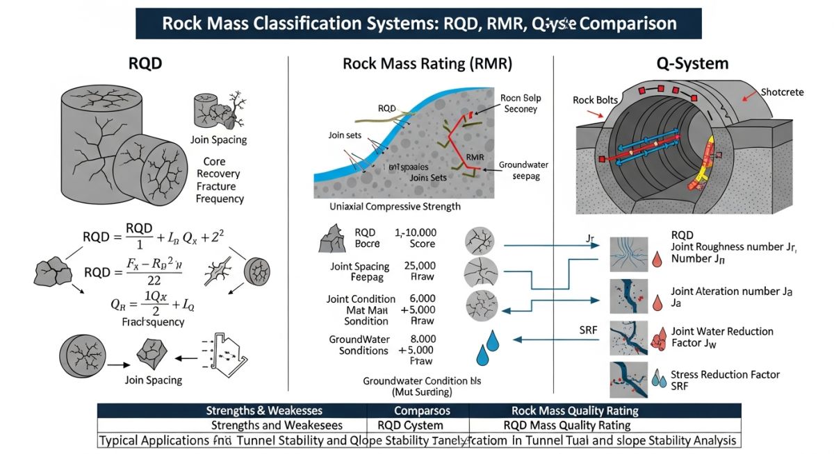Comparison matrix of RQD, RMR, and Q-System for rock mass classification.