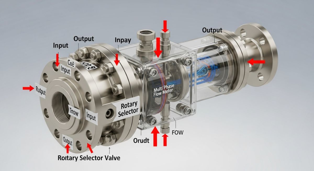 3D schematic of a Rotary Selector Valve connected to a Multi Phase Flow Meter in an oil and gas manifold.