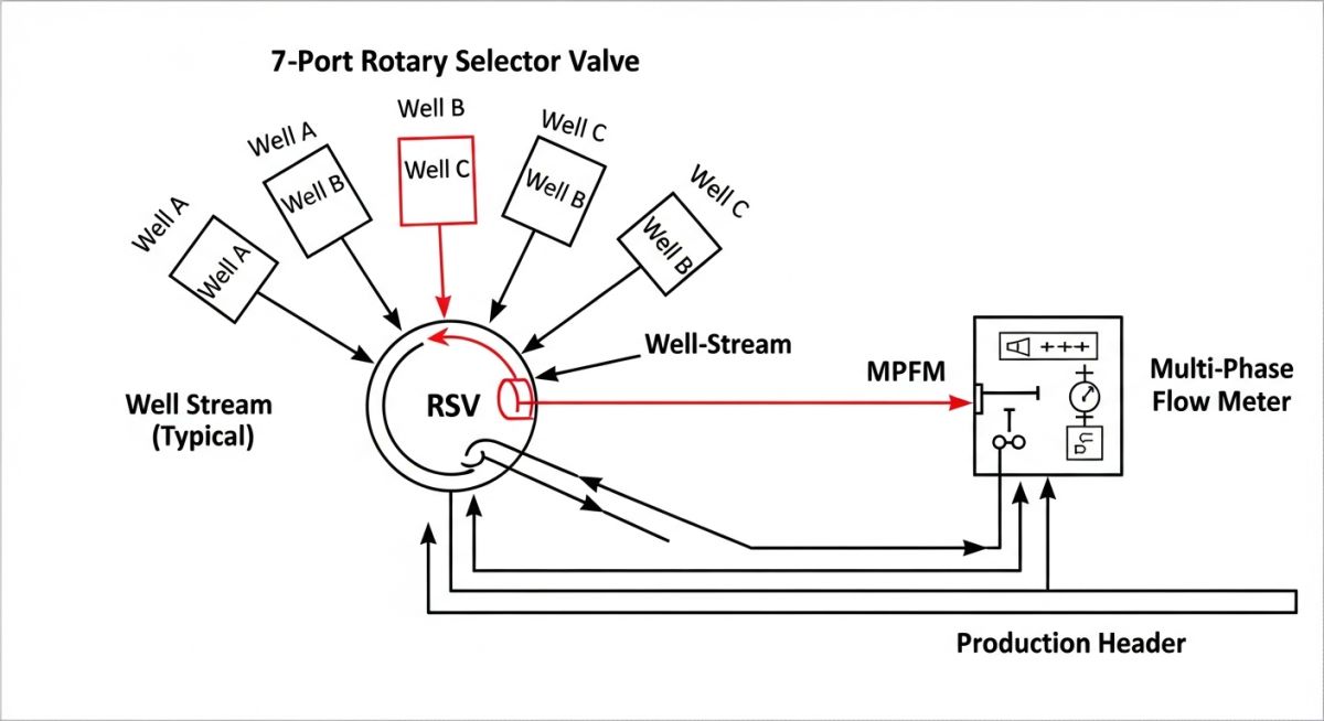 Rotary Selector Valve and Multi Phase Flow Meter Flow Routing Diagram