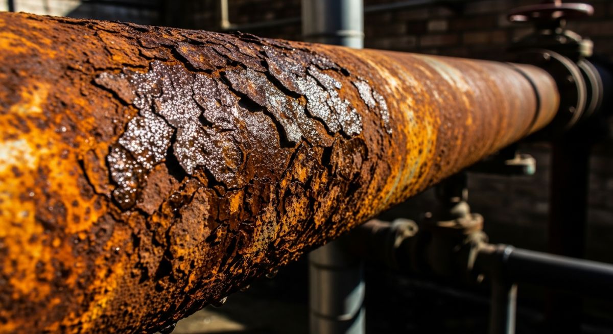 Close-up of a heavily rusted metal pipe showing severe corrosion.