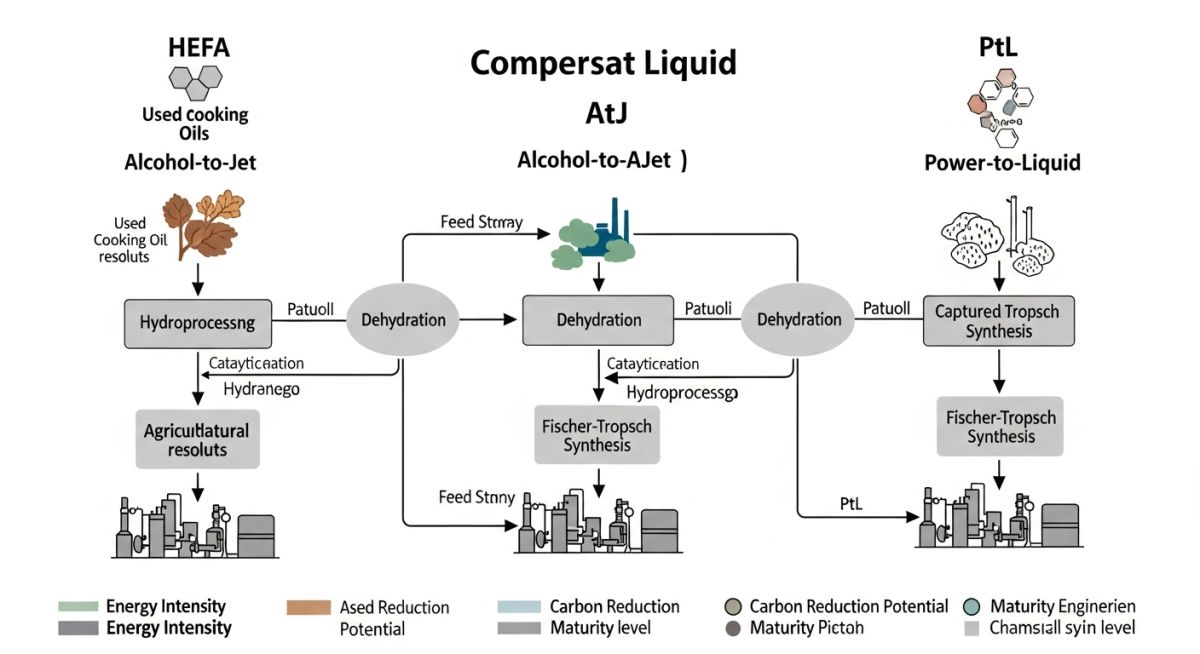Technical diagram showing HEFA, AtJ, and PtL production routes