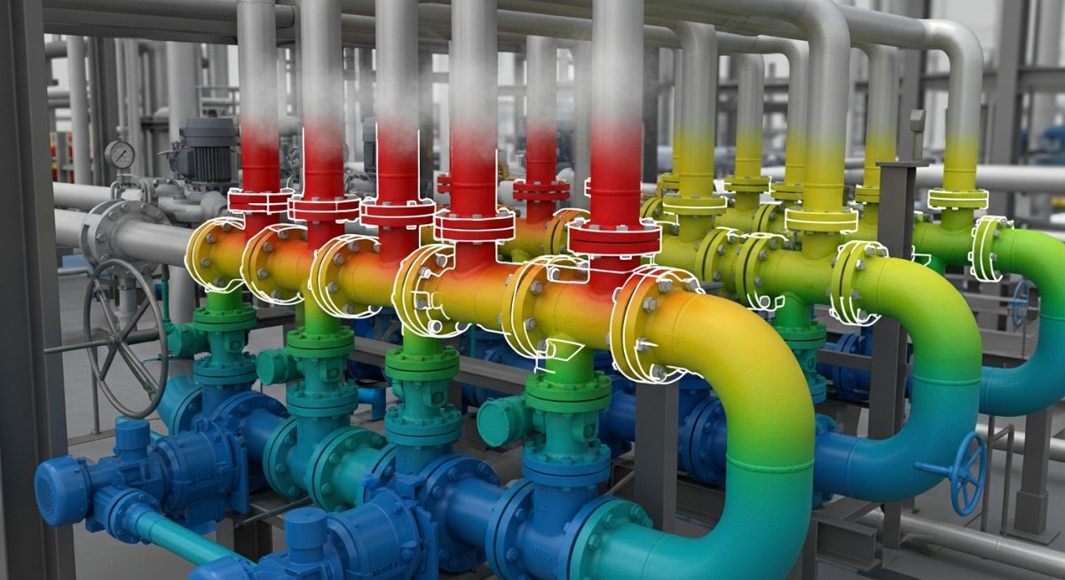 Close-up of industrial process piping manifold showing thermal stress points and weld joints under cyclic load conditions.