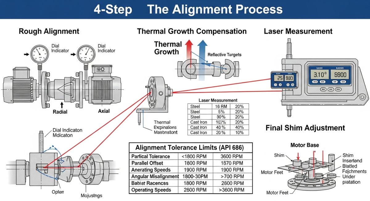 Technical diagram showing laser alignment sensors and thermal growth compensation