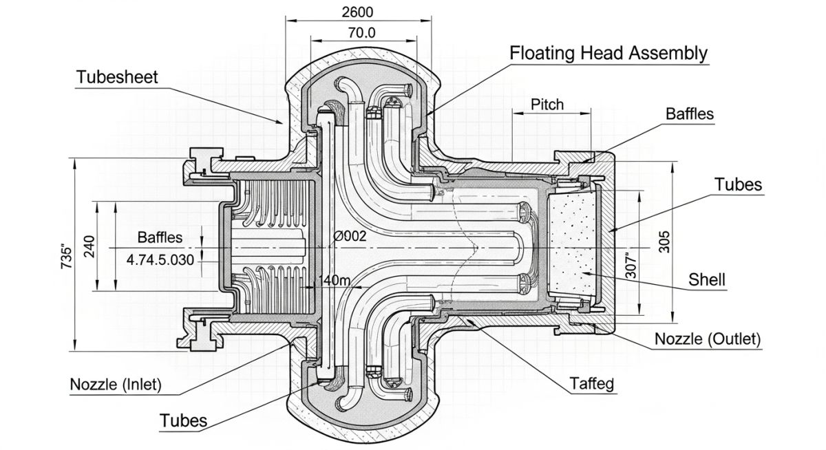 Detailed cross-section engineering drawing of a shell and tube heat exchanger showing internal tube bundles and nozzle connections.