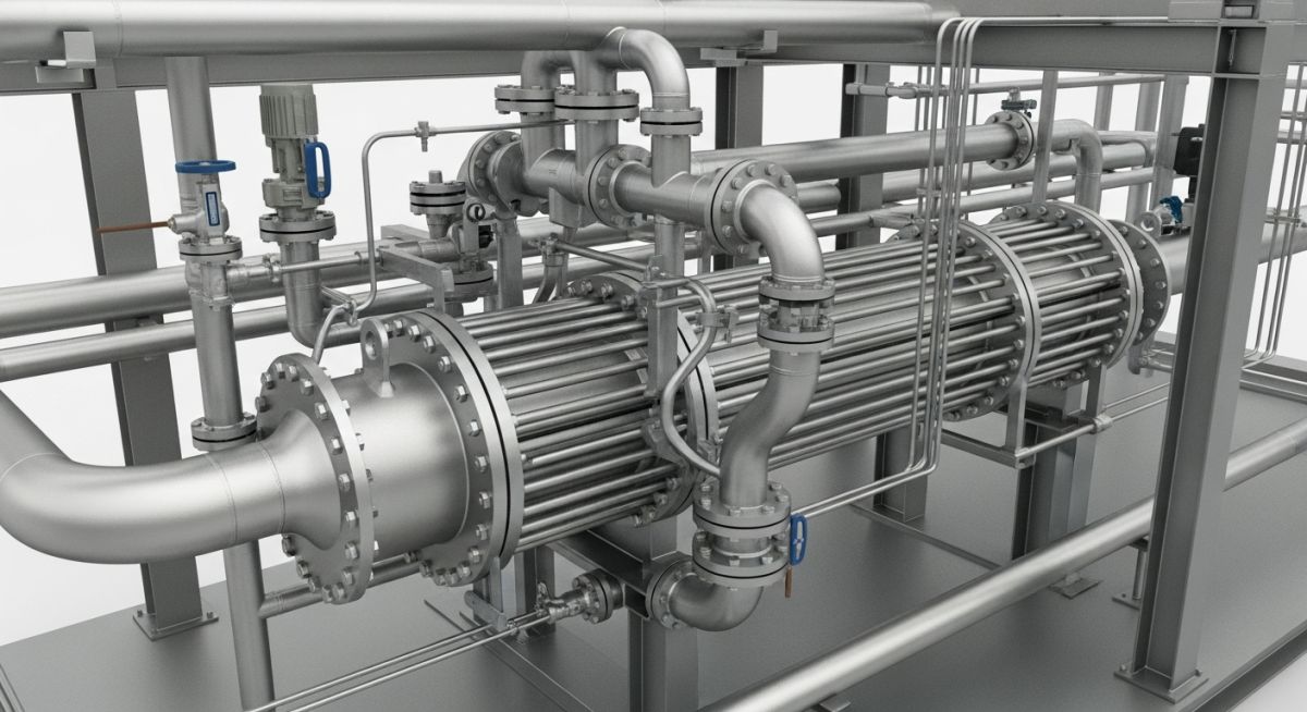 3D engineering model of shell and tube heat exchanger piping layout showing nozzle connections and maintenance access clearances.