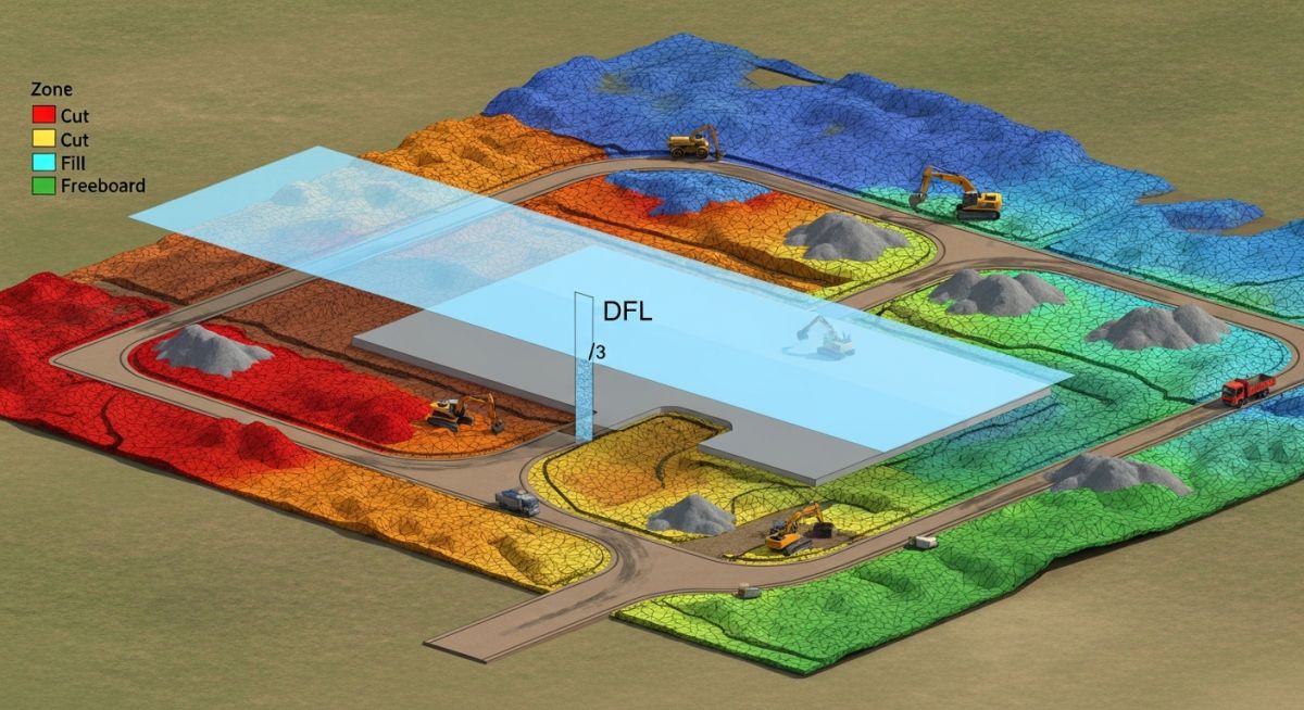 3D digital terrain model showing site grading, flood protection levels, and cut-fill zones for industrial infrastructure development.