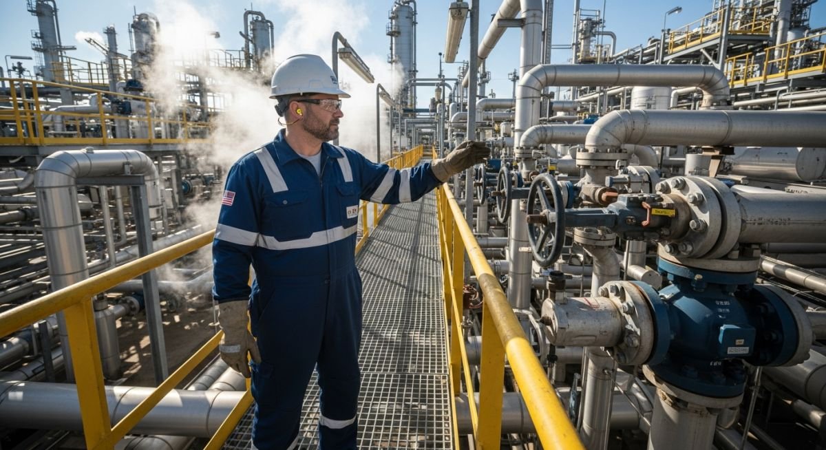 Senior piping engineer in full PPE conducting a safety-compliant site visit at a large-scale petrochemical processing plant.