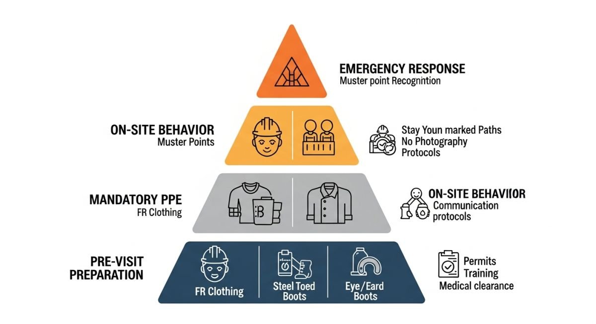 Technical infographic showing hazard zones and PPE requirements for plant visits