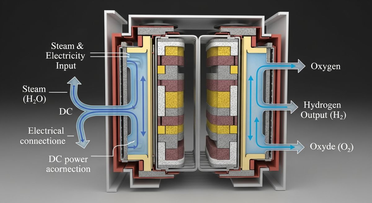 Cross-section diagram of a Solid Oxide Electrolyzer Cell stack for hydrogen production.