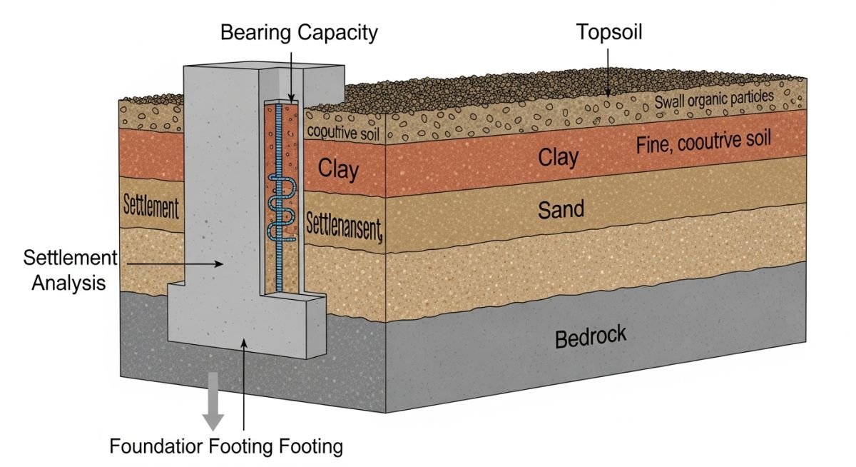 Cross-section diagram of soil strata showing foundation footing resting on various soil types for structural engineering analysis.