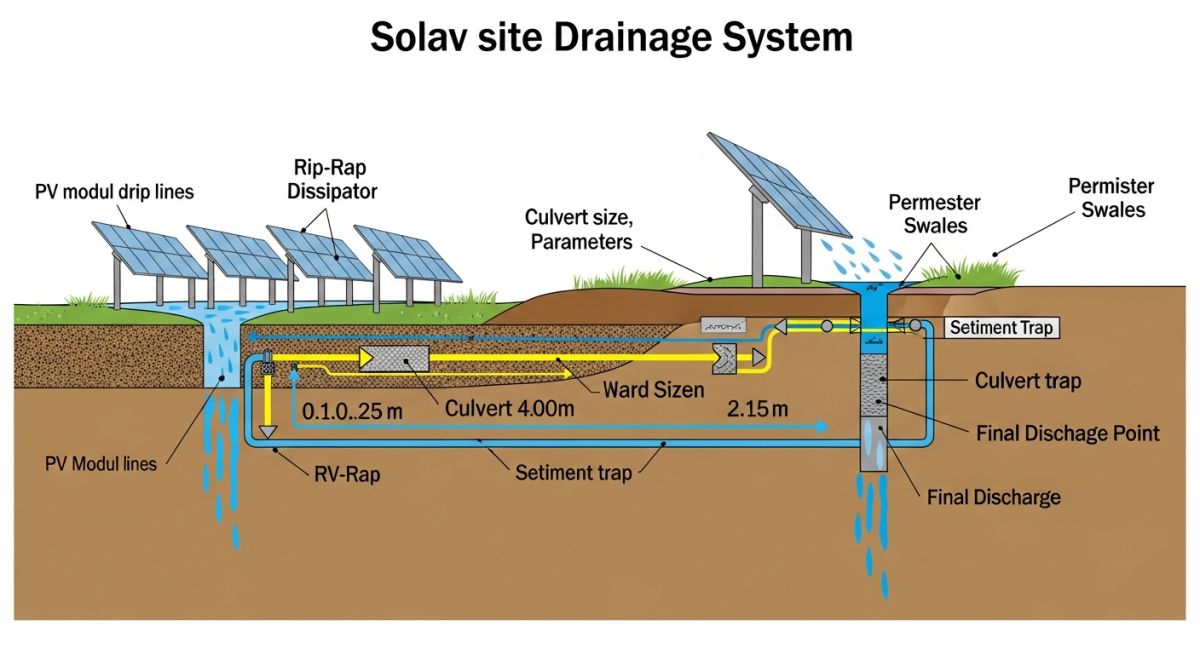 Technical diagram showing solar panel drip line and swale design