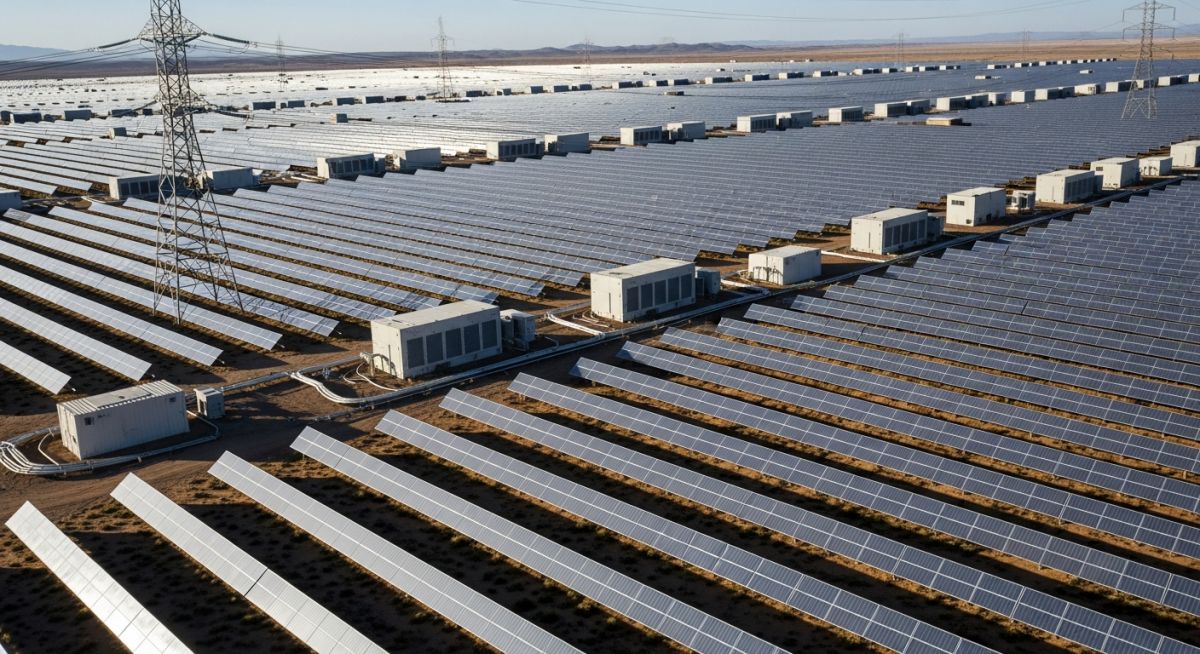 Utility-scale solar photovoltaic farm with crystalline silicon panels and grid-tie infrastructure under clear sky conditions.