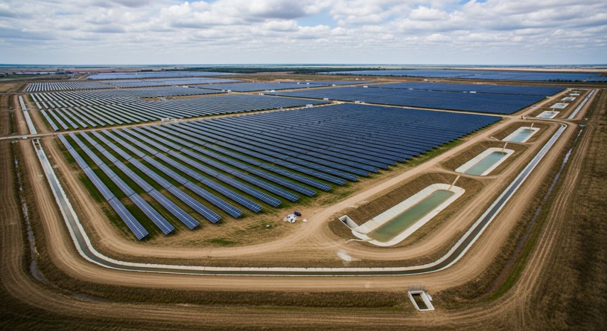 Aerial view of a utility-scale solar farm showing integrated drainage channels, detention basins, and erosion control measures protecting PV rows.