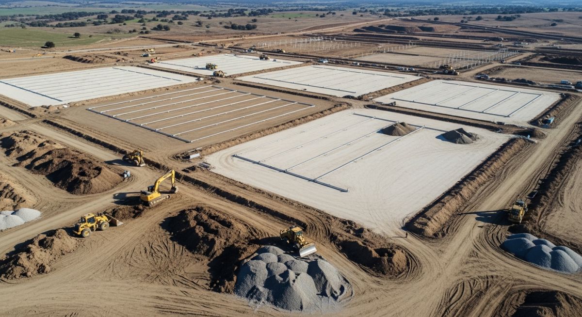 Aerial view of utility-scale solar farm construction site showing earthwork grading and cut-and-fill operations for tracker installation.