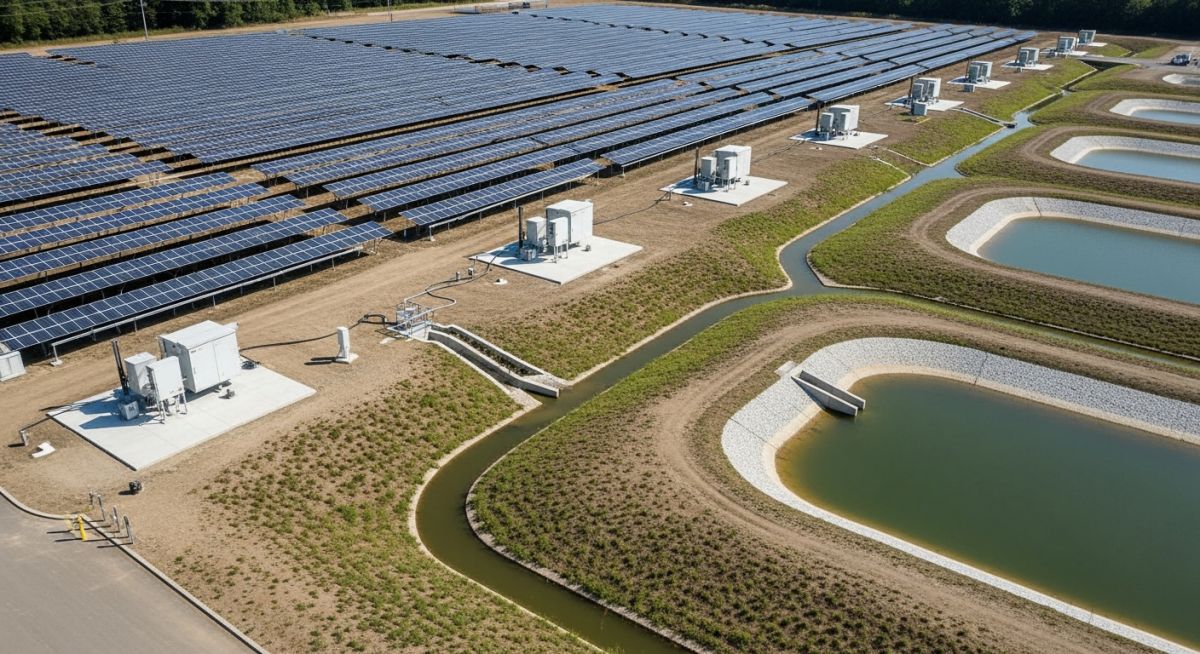 Utility-scale solar farm site layout showing elevated tracker systems and engineered drainage basins for flood protection.