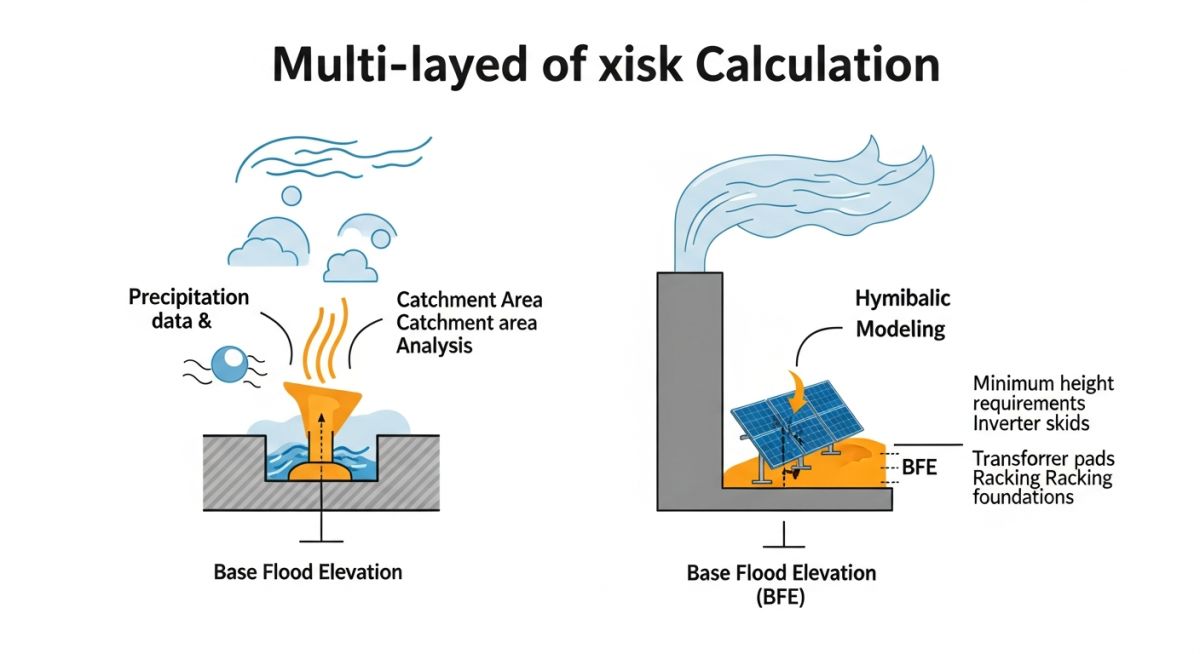 Technical diagram showing flood modeling inputs including rainfall intensity, soil permeability, and solar array runoff coefficients