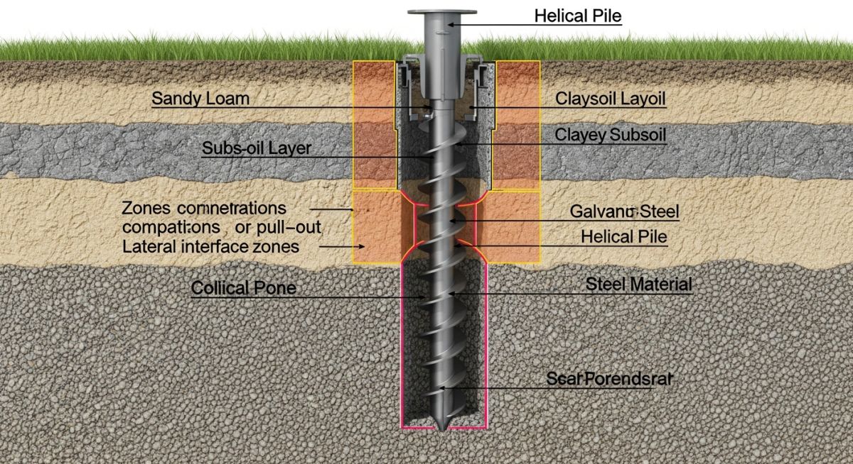 Cross-section diagram of a solar PV pile foundation embedded in complex soil strata for geotechnical risk assessment.