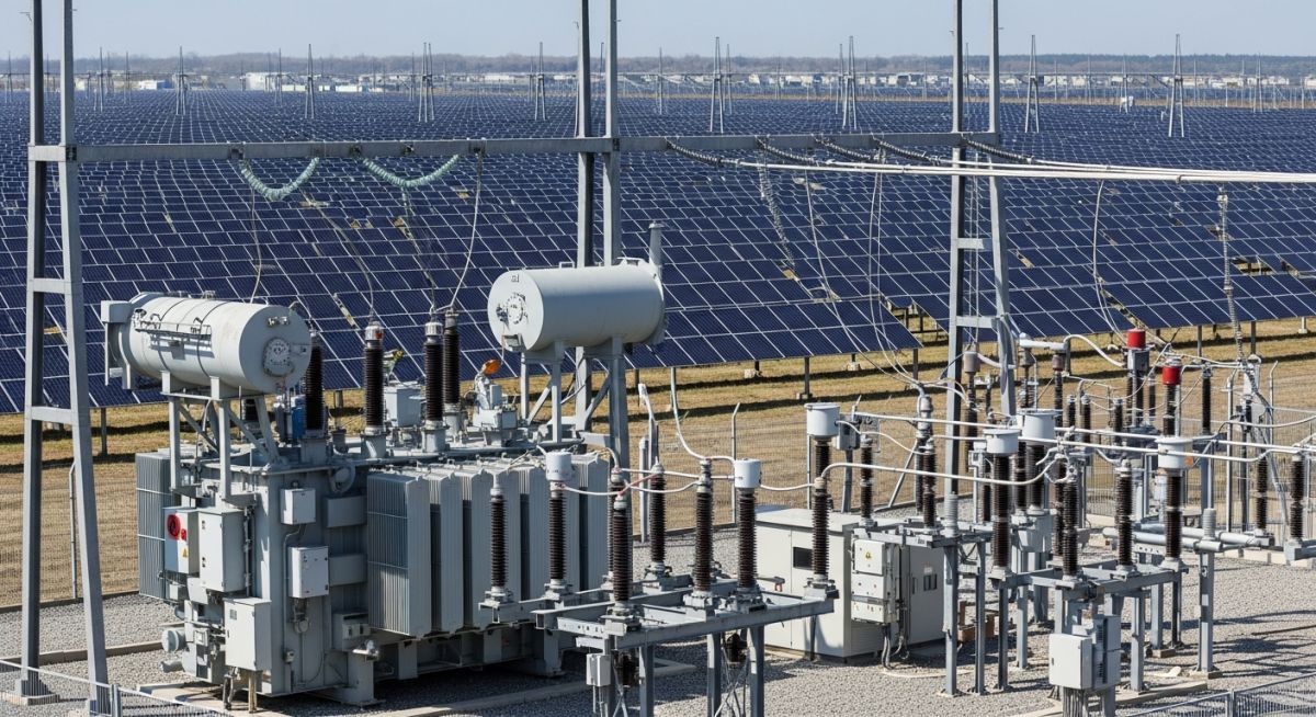 Utility-scale solar power plant connected to a high-voltage electrical grid substation.