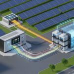 Industrial solar farm powering a green hydrogen production electrolyzer facility with clear energy flow lines.