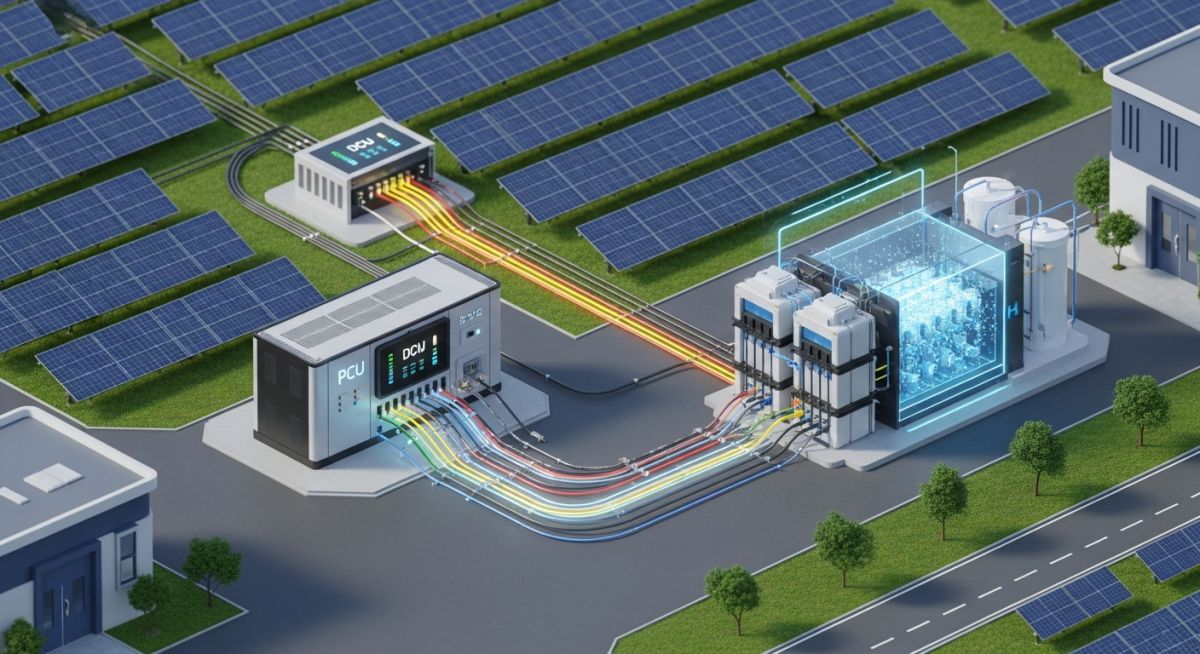 Industrial solar farm powering a green hydrogen production electrolyzer facility with clear energy flow lines.