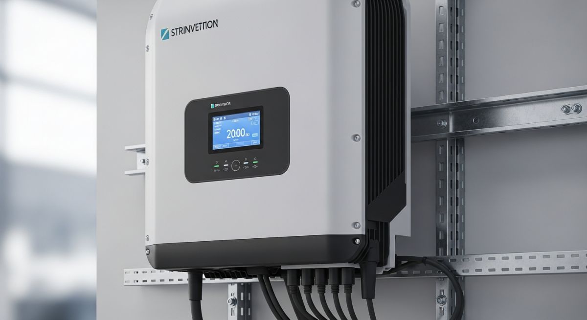 Modern industrial solar inverter unit mounted on a wall with visible cooling fins and electrical conduit connections for PV system energy conversion.