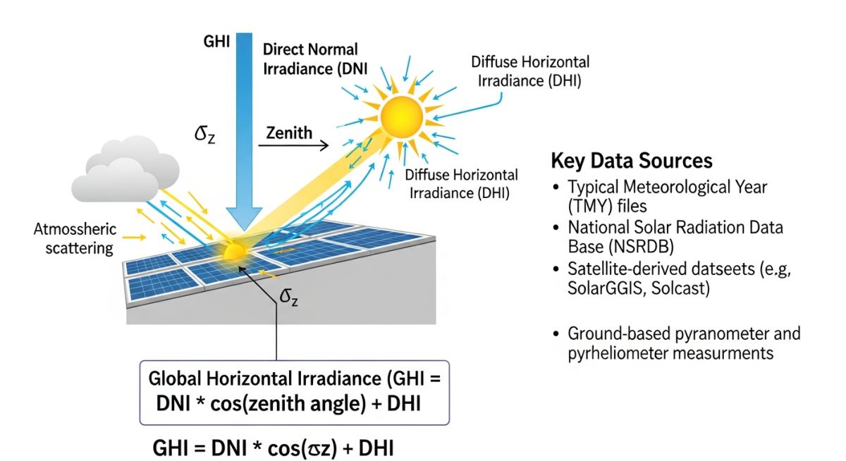 Technical diagram showing the components of solar irradiance: DNI, GHI, and DHI.